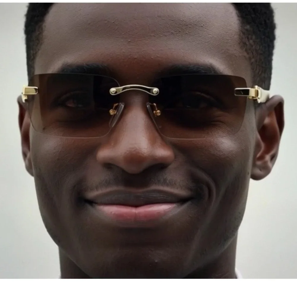 Rimless Sunglasses Rectangle Gold Frame‎ Champagne Lens Fashion Men Small Retro